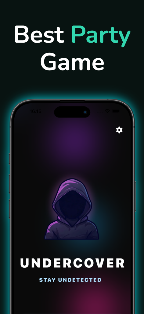 Imposter - Undercover Lie Game - The home screen of the Imposter Undercover social deduction game featuring a hooded silhouette and neon text.