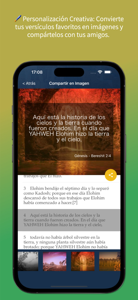 Biblia Kadosh Mesiánica - Interface of the Biblia Kadosh Mesianica app showing the feature to create and share verses as images with customizable backgrounds