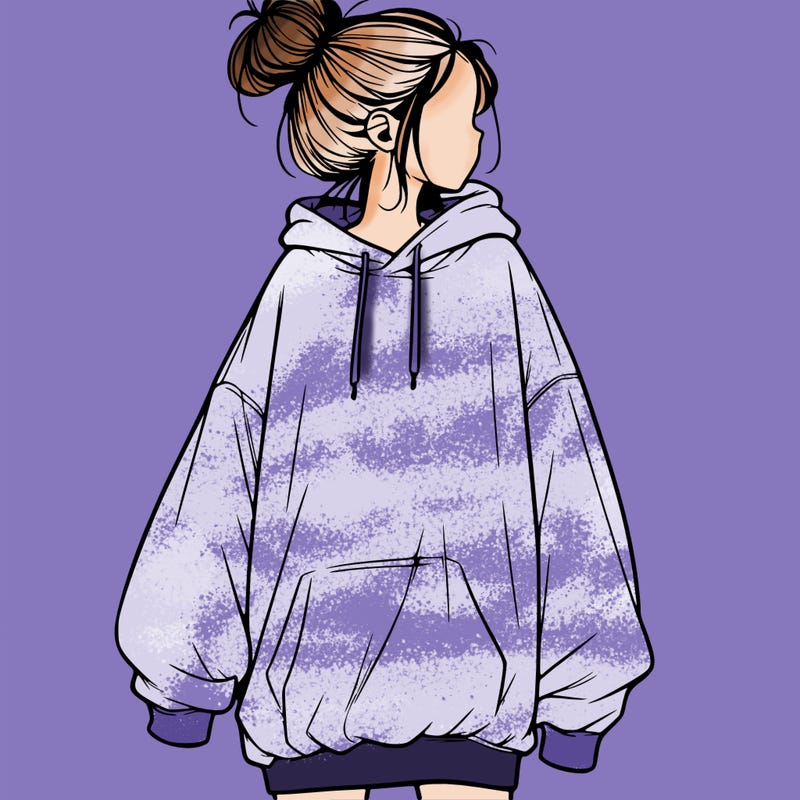 realistic girl with a oversized sweatshirt on and a bun