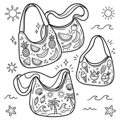 Get ready for a sun-soaked creative journey with our delightful Hobo Bags Summer coloring page, specially designed for young artists. This playful illustration combines stylish hobo bags with exciting tropical fruits, yummy ice creams, and relaxing beach themes, promising hours of coloring fun.