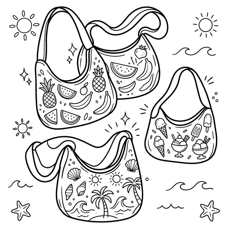Get ready for a sun-soaked creative journey with our delightful Hobo Bags Summer coloring page, specially designed for young artists. This playful illustration combines stylish hobo bags with exciting tropical fruits, yummy ice creams, and relaxing beach themes, promising hours of coloring fun.