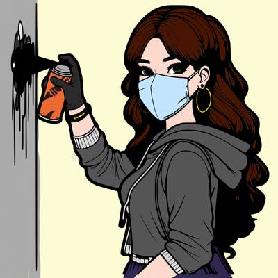 realistic girl with mask spray painting a wall