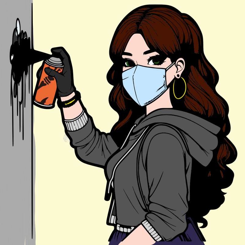 realistic girl with mask spray painting a wall