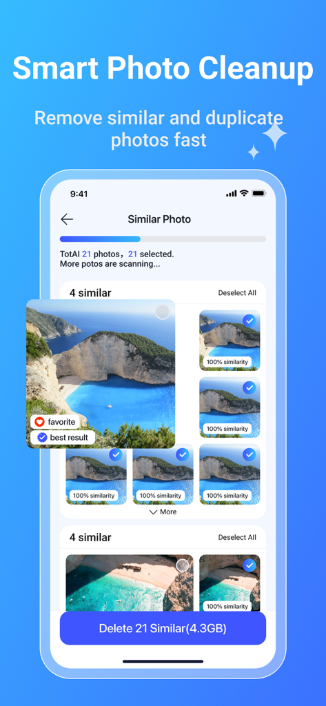 CleanlyAI mobile app interface showing the smart photo cleanup feature to identify and delete similar high-resolution images