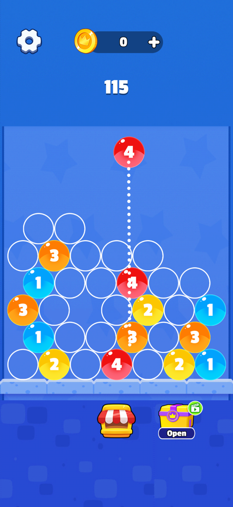 Gameplay of Number Merge Magic showing a red bubble with the number 4 being dropped to merge with another bubble