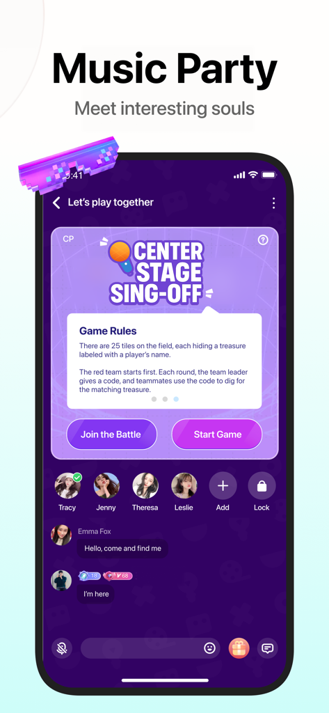 Pazzy app screenshot showing the Music Party feature with a Center Stage Sing-Off game to meet new people through music.