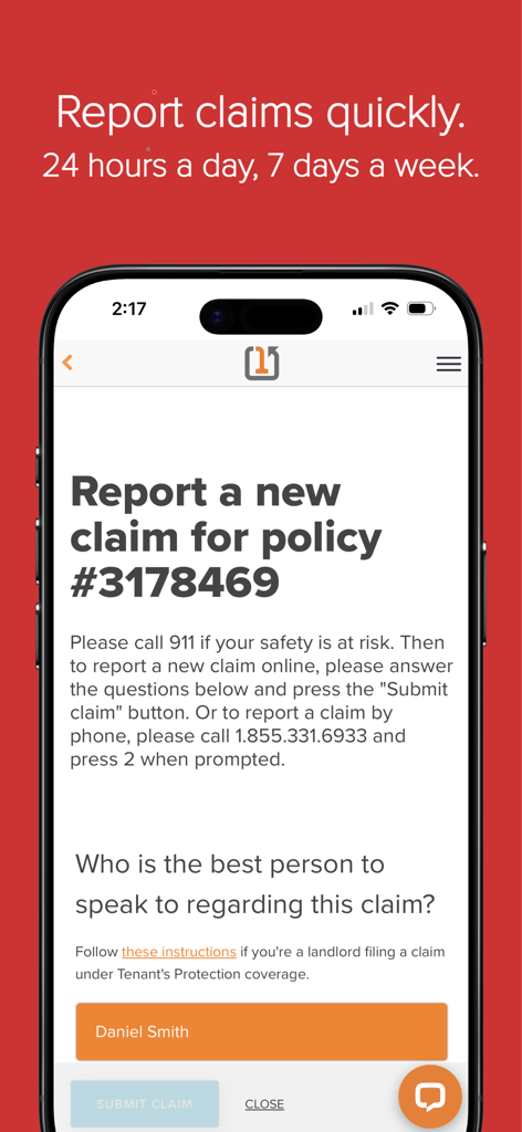 Square One - Interface for reporting an insurance claim in the Square One mobile app