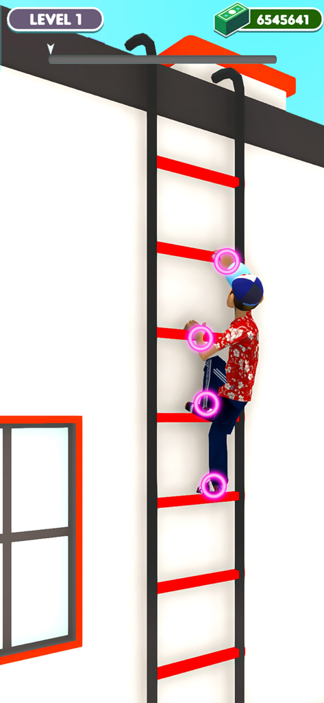 Slow Mo Action Run Fight Game - 슬로우 모션 액션 게임에서 핑크색 제어 원이 있는 흰색 건물에서 사다리를 오르는 캐릭터