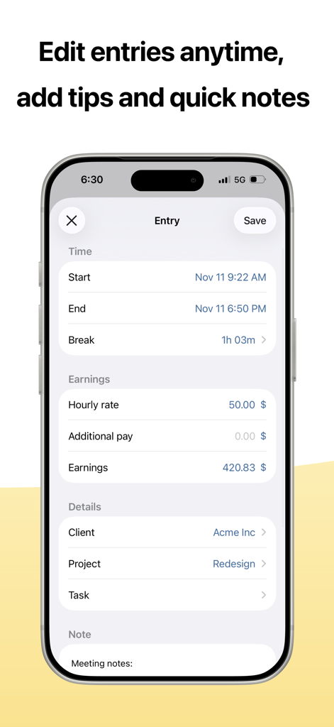 atWork Hours & Pay Tracker - Schermata dell'app mobile per la modifica di una voce di lavoro con monitoraggio del tempo, guadagni e dettagli del cliente