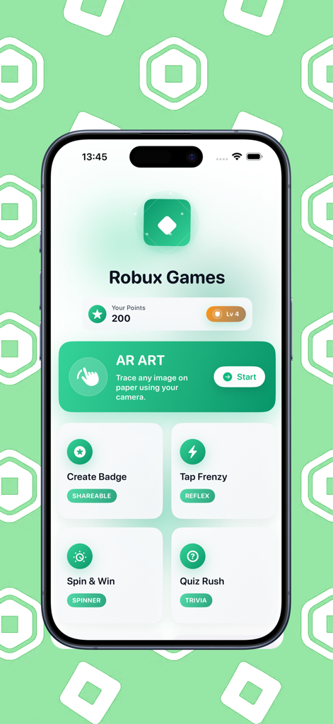 Robux Games For Roblox - Interface of Robux Games For Roblox app showing the main menu with AR Art Tap Frenzy and Quiz Rush features