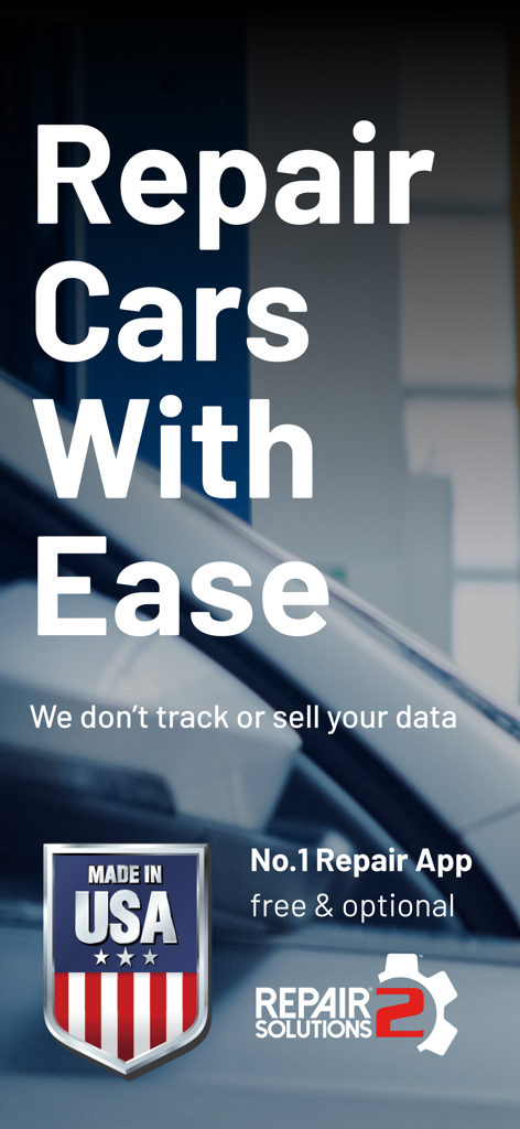 Promotional screen for RepairSolutions2 car repair app featuring Made in USA badge and Repair Cars With Ease headline