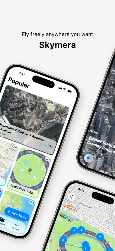 Skymera - 3D Map Studio - Interface of Skymera 3D Map Studio app showing cinematic flyover routes and popular map locations on mobile devices