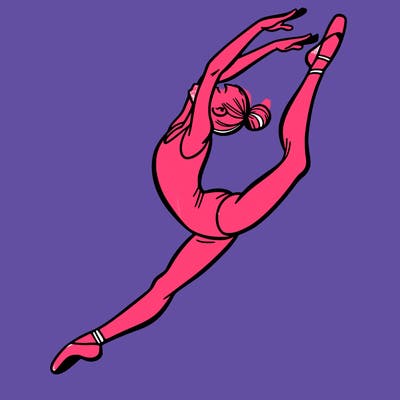 gymnast doing a leap in a leotard with a bent back leg