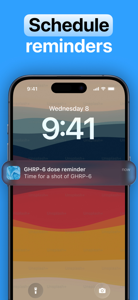 iPhone lock screen showing a notification for a GHRP-6 peptide dose reminder