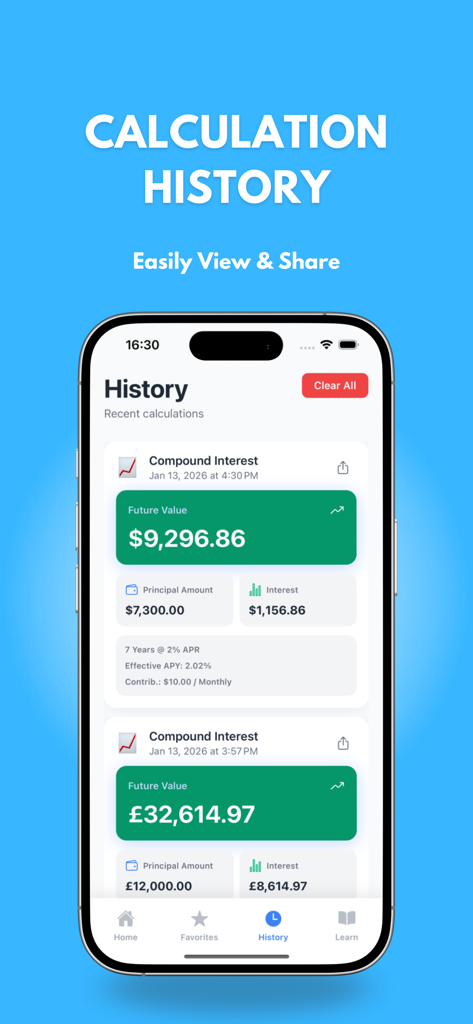 Compound Interest Calculator # - A mobile app screen displaying a history of recent compound interest calculations with future value and principal amounts.
