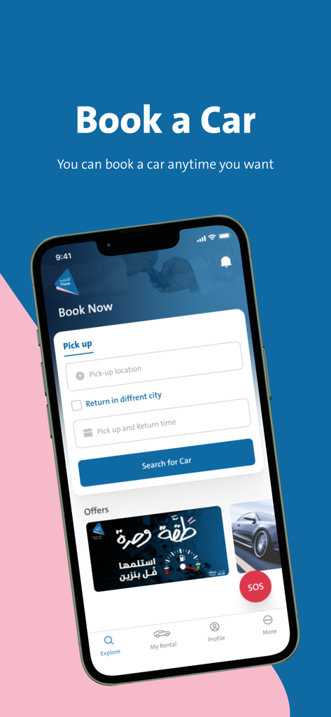 Mobile app interface of Theeb Rent A Car showing the vehicle booking and search form.