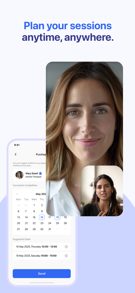 Hiwell Therapy & Mental Health - セラピストとのビデオ通話とセッションスケジュールカレンダーが表示されているHiwellアプリのインターフェース