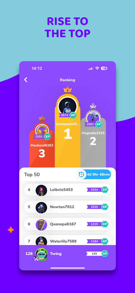 Twin Science: STEM Learning - Eine gamifizierte Rangliste in der Twin Science App, die die besten Schüler auf einem Podium mit ihren gesammelten EP-Punkten zeigt.