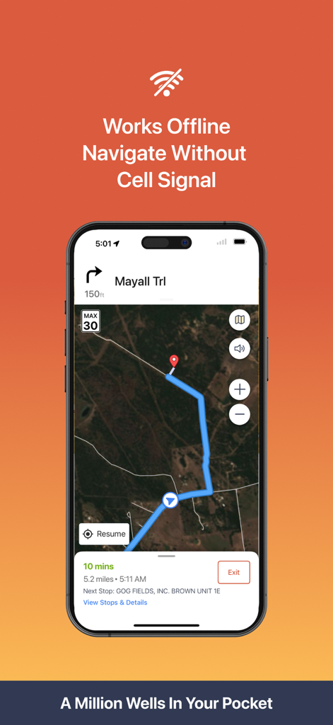 Wellsite Navigator mobile app showing offline satellite navigation to an oilfield location without cell signal
