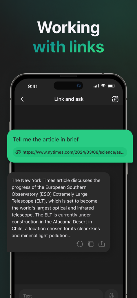 AI Master: Smart Assistant - AI Masterアプリが、共有されたリンクからニューヨーク・タイムズの記事を要約。