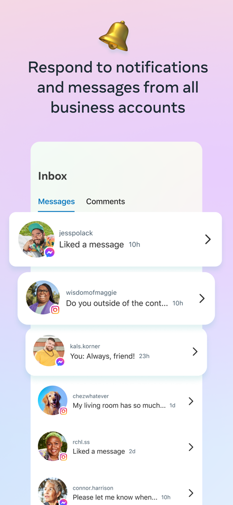 Meta Business Suite 통합 받은 편지함에서 Facebook 및 Instagram 계정의 메시지 및 알림을 보여줍니다.
