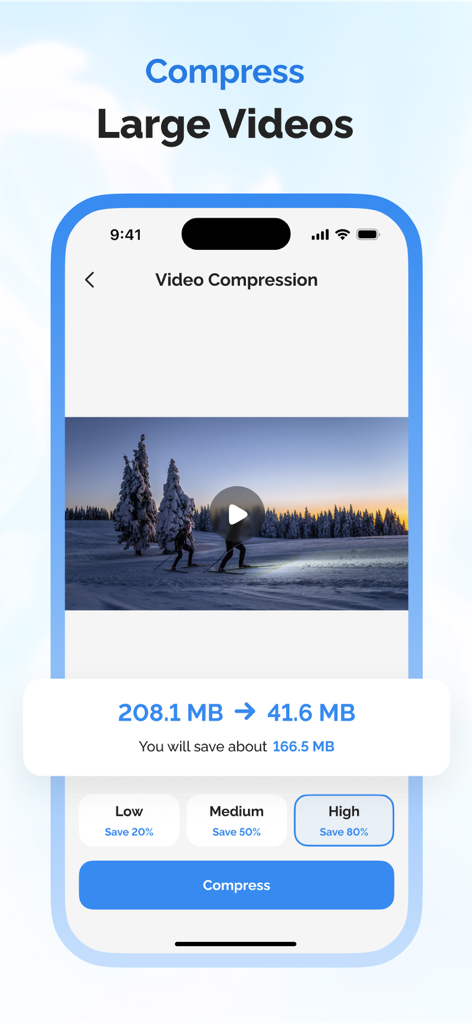 Screenshot of the Tidy Up app interface showing a video compression feature that reduces a file from 208MB to 41MB.