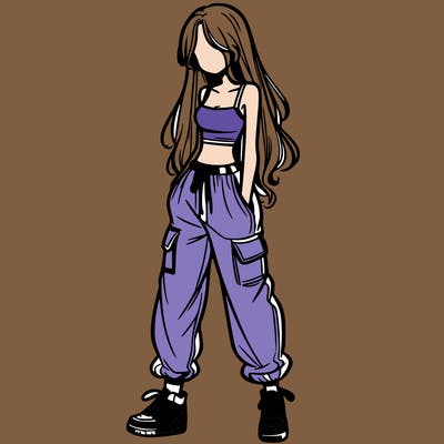 girl in baggy pants crop top and long hair