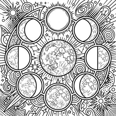 Embark on an astronomical adventure with this captivating Pop Art coloring page featuring the moon's mesmerizing lunar phases. Explore the journey of the moon from new to full with dynamic lines and cosmic designs perfect for a fun and educational coloring experience.
