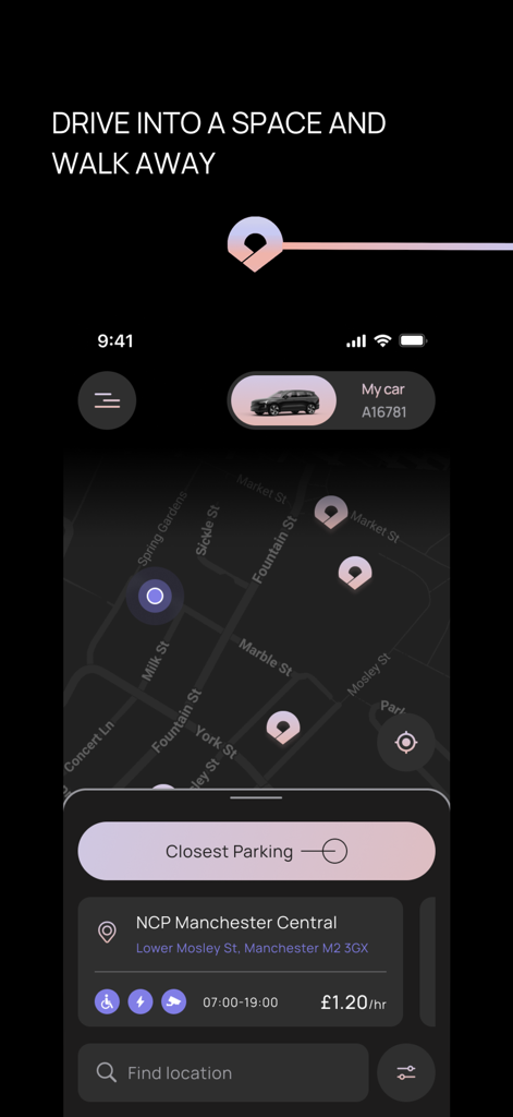 Parc - Parc mobile app interface showing real-time parking locations on a map with pricing and details