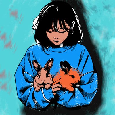 realistic girl with messy bunny baggy sweatshirt and holding bunnies