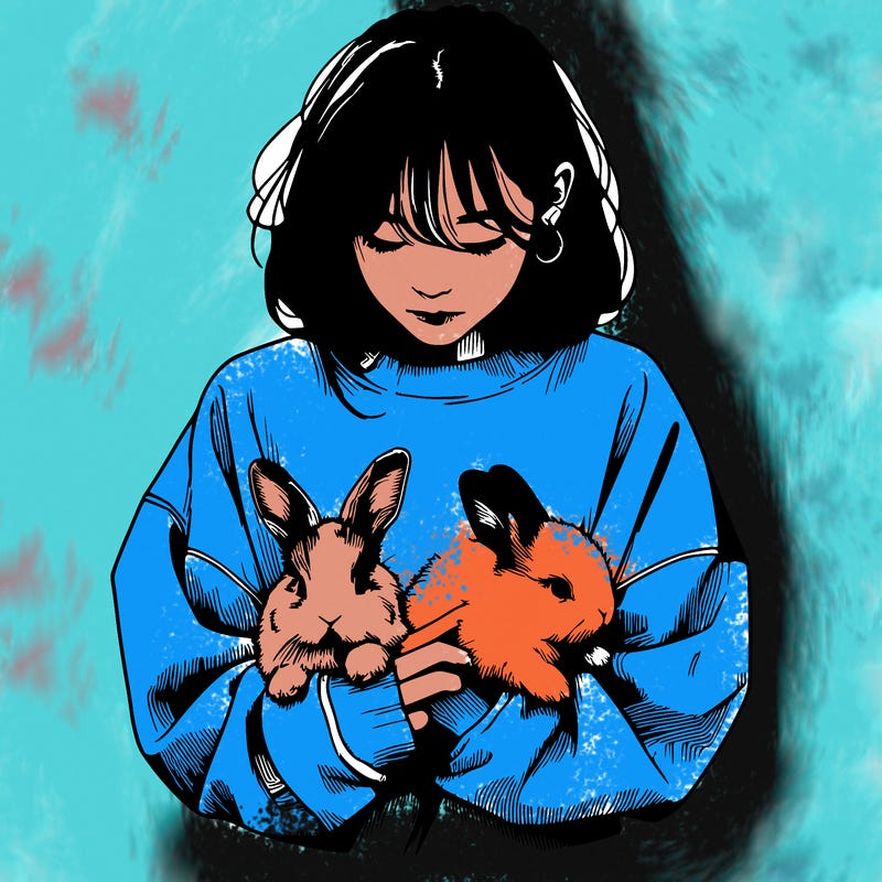 realistic girl with messy bunny baggy sweatshirt and holding bunnies