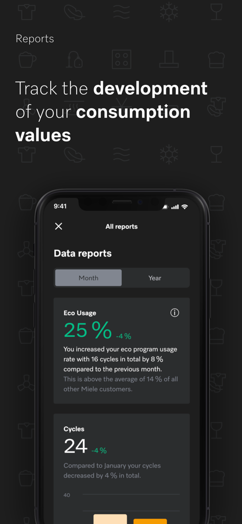 Smartphone displaying the Miele app data reports screen with eco usage statistics and appliance cycle tracking