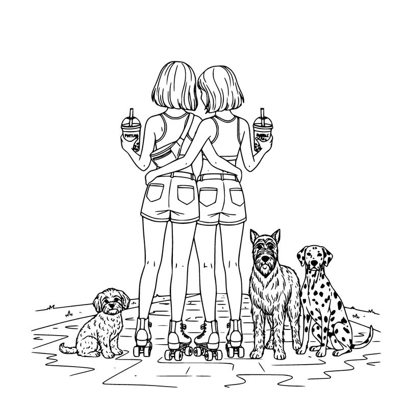 two girls are holding each other, each with a drink in their hand. one has a matcha and a bubble tea. both have short hair, shorts, and rollerblades. one has a fanny pack, and both are wearing short tops. the girl with the fanny pack has a maltipoo next to her on the ground, and the other girl has two dogs: one a russian terrier and the other a dalmatian.