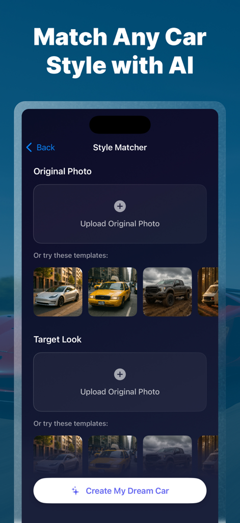 AI Car Tuning Designer Tool - AI Car Tuning Designer Tool interface showing the Style Matcher screen with options to upload an original photo and select a target look