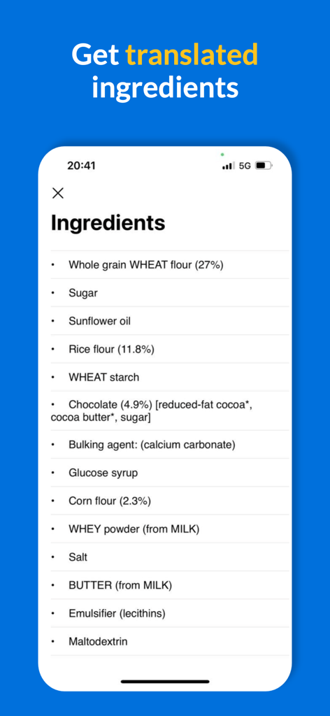 Mobile phone screen displaying a translated list of food ingredients including wheat flour sugar and sunflower oil