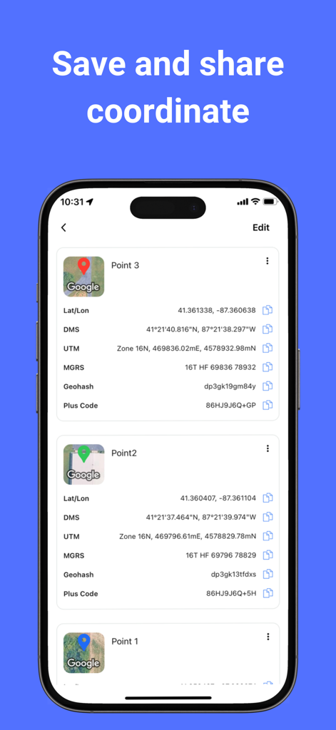 Interfaz de la aplicación UTM Geo Map que muestra una lista de puntos guardados con coordenadas Lat/Lon, UTM y MGRS