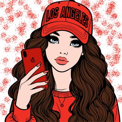 realistic beautiful girl wearing los ángeles cap holding an iphone