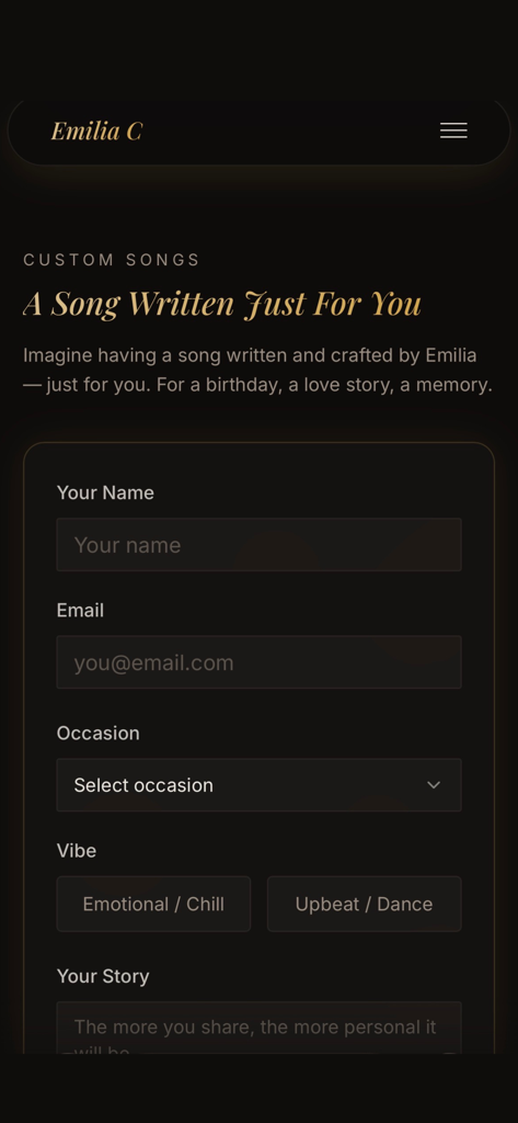 Emilia C - Formulario de solicitud de canción personalizada en la app de Emilia C