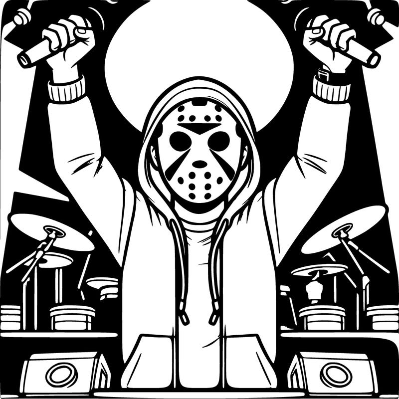 man with hockey mask and hoodie, raising his fist, on a stage