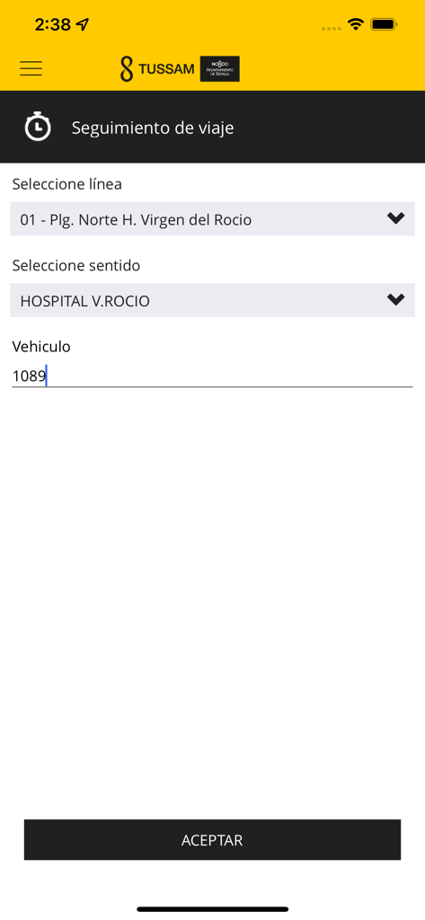 AppTUSSAM interface for trip tracking with bus line and direction selection