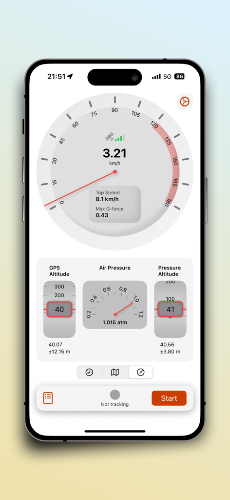 SpeedX app dashboard showing real time speedometer altitude and barometric pressure data