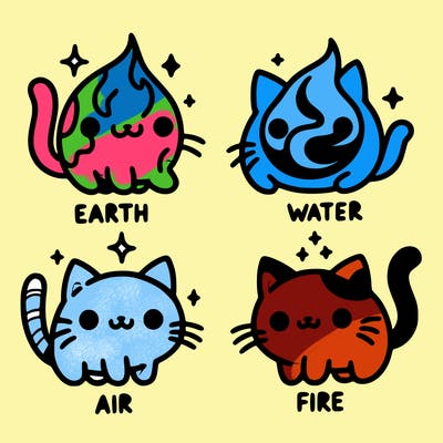 4 cats that represent the different elements, earth, water, air, and fire