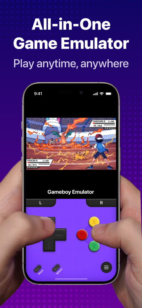 GBA, PSP, DS Game Emulator - Un iPhone mostrando una batalla de juego retro usando un emulador de juegos todo en uno con una skin de control personalizada en color morado