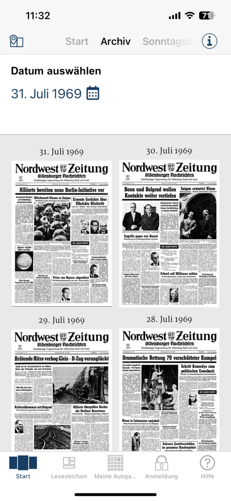 Ansicht des Nordwest EPAPER App-Archivs mit historischen Zeitungs-Ausgaben vom Juli 1969