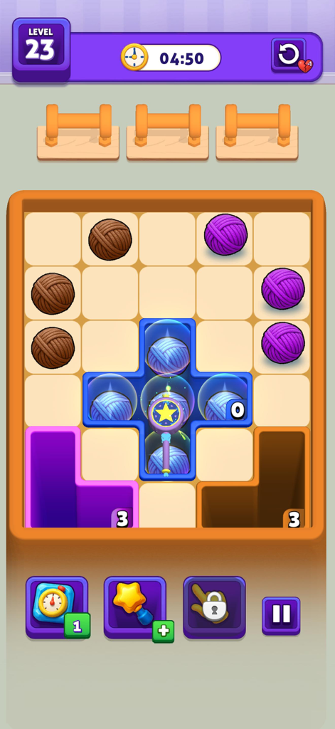 Drop Color Match: Block Puzzle - Gameplay screen of Drop Color Match showing level twenty three with purple and brown yarn balls on a puzzle grid.