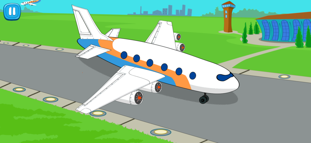 Cartoon airplane on a runway with an airport terminal building and control tower in the background