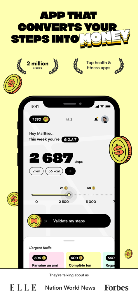 Macadam, The Step Counter. - Macadamアプリのインターフェース。歩数カウンターの進捗状況とお金への報酬変換を表示。
