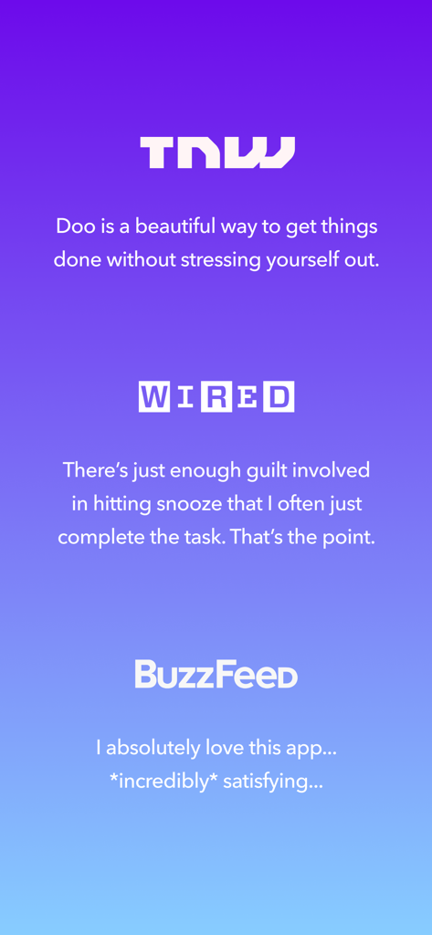 A collection of positive media reviews for the Doo productivity app from TNW, WIRED, and BuzzFeed on a purple gradient background.