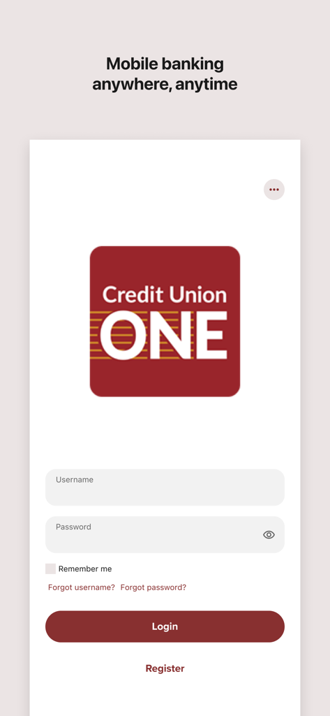 Login screen for the Credit Union ONE mobile banking app in Michigan