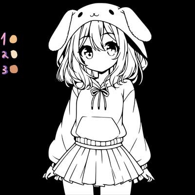 pretty anime girl wearing a fluffy hoodie with bunny ears on the hood and a skirt